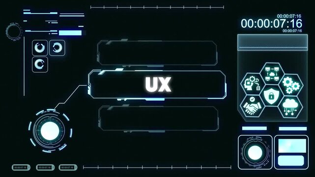 Futuristic U X interface with glowing blue lines and on a black background, user experience concept with technology and innovation
