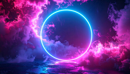 Glowing Neon Blue Circle Surrounded by Vibrant Pink and Purple Clouds in a Dark, Reflective Landscape