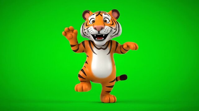 Cute cartoon tiger character dancing on green screen background