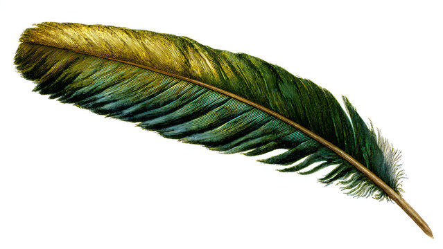 Vibrant feather with intricate patterns of green, gold, and blue hues