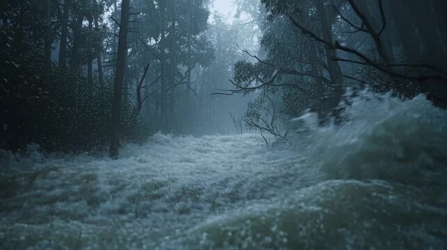 Raging river flooding through dark forest with strong current and heavy rain in moody atmosphere.