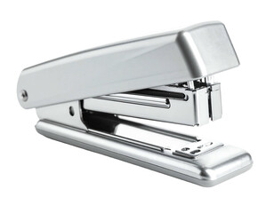 Shiny silver stapler on a white background ready for office use.
