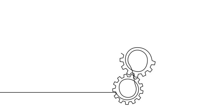 Gear line continuous art one icon cog work business factory wheel. Continuous gear line outline vector setting computer cogwheel technology sketch drawing science stroke machine brain background.