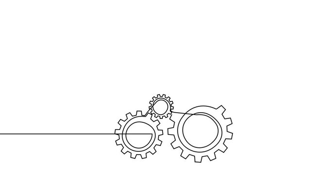 Gear line continuous art one icon cog work business factory wheel. Continuous gear line outline vector setting computer cogwheel technology sketch drawing science stroke machine brain background.