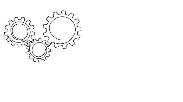 Gear line continuous art one icon cog work business factory wheel. Continuous gear line outline vector setting computer cogwheel technology sketch drawing science stroke machine brain background.