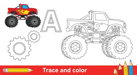 Monster truck outline drawing for letter A tracing.