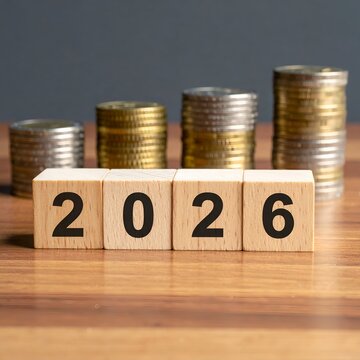 Wooden blocks spelling "2026" with increasing stacks of coins in background