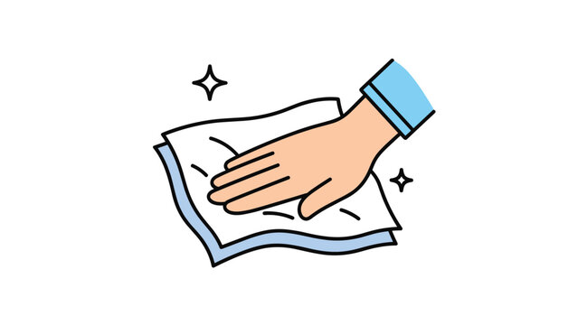Cleaning icon shows a hand using a white cloth to wipe a surface to a brilliant shine as indicated by small sparkling stars.