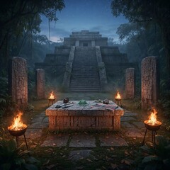 Ancient Mayan temple at night with stone altar and burning torches surrounded by jungle fog, evoking ritual ceremony and pre-Columbian mysticism.