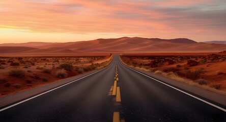 Majestic desert highway scene with long perspective and glowing dunes.