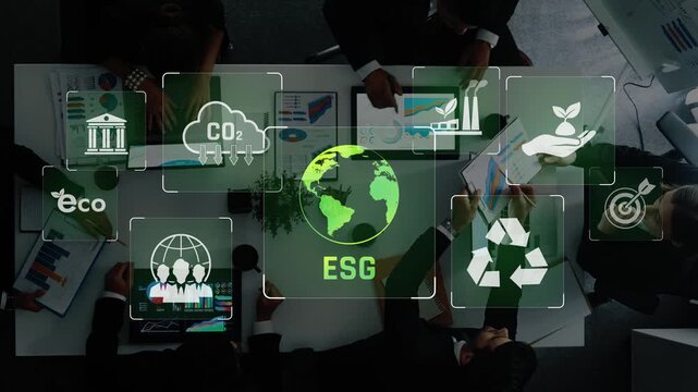 Focused professionals collaborate in a modern office, discussing ESG strategies with meaningful graphs and sustainable icons, emphasizing commitment to a responsible future. Raster
