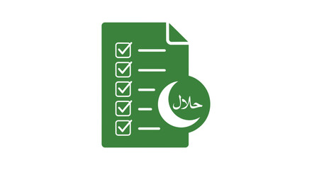 Halal certification checklist document icon with crescent moon symbol.