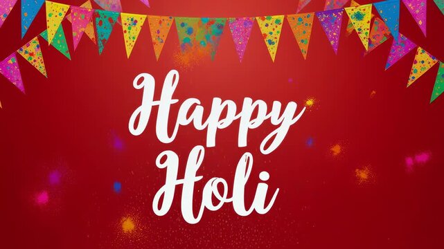 Festive Holi celebration with colorful triangular pennant banners hanging over a vibrant, speckled red background ,Holi,Festival of Colors,4th March
