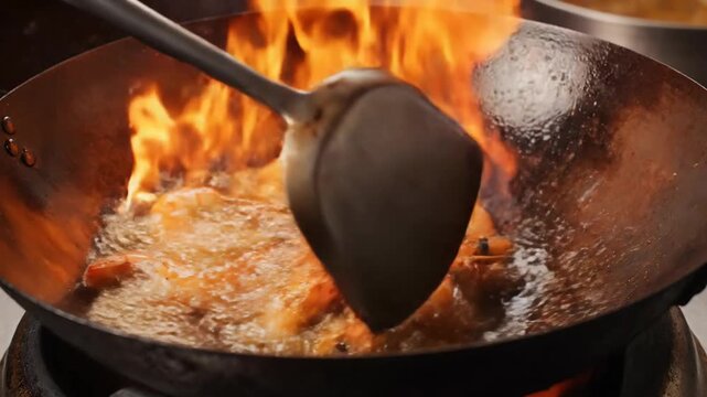 Chef flambes juicy shrimp in a hot wok with intense flames, close-up cooking action