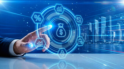 Businessman Using AI Financial Technology Interface for Digital Banking and Data Analytics