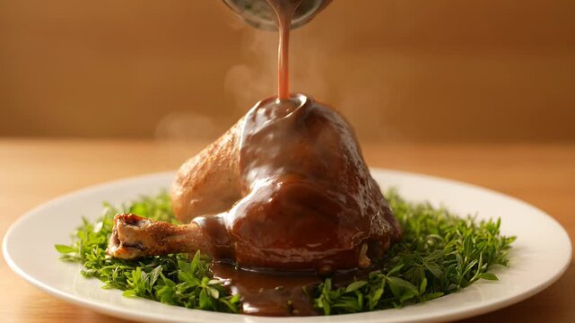 Static shot of roasted chicken leg being drizzled with hot gravy sauce