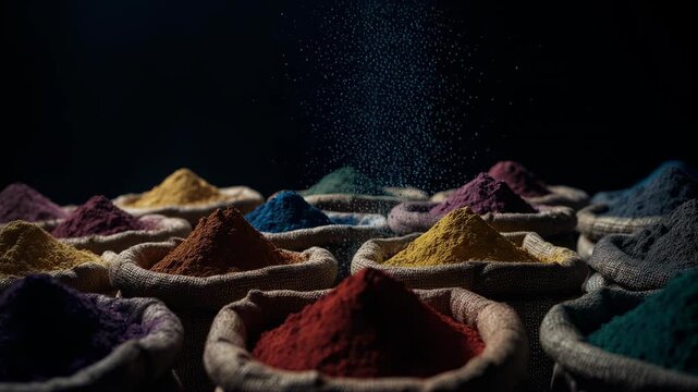 Multiple colorful mounds of powdered pigments arranged on a dark surface under a starry night sky, creating a vibrant, textured landscape ,Holi,Festival of Colors,4th March
