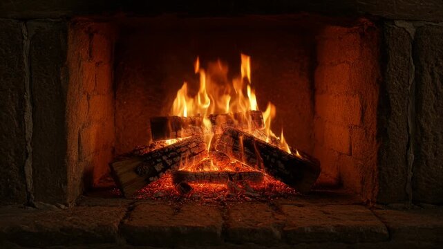 Burning Logs and Flickering Flames in a Cozy Stone Fireplace