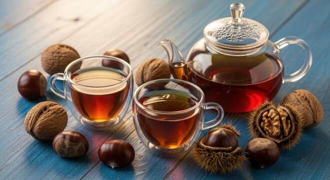 Cozy autumn tea setting with nuts and conkers