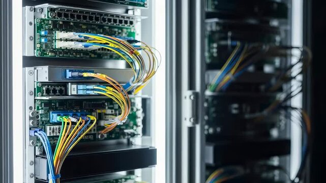 Server rack filled with fiber optic cable connections and network switches for data center infrastructure communication technology