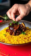Chef Garnishing Savory Braised Ribs With Fresh Parsley Over Saffron Rice With Dramatic Lighting In A Rustic Bowl