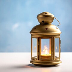 Golden Arabic Lantern With Lit Candle Flame Inside Against A Soft Blue Sky Background With Copy Space