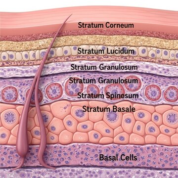 Cross-sectional view of the epidermis showing different stratum layers and basal cells