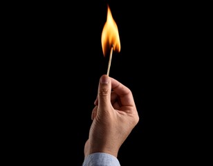 hand holding burning match with the flame on black background made with generative ai