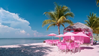 pink beach scene with a bar palm trees umbrellas and lounge chairs on the shore