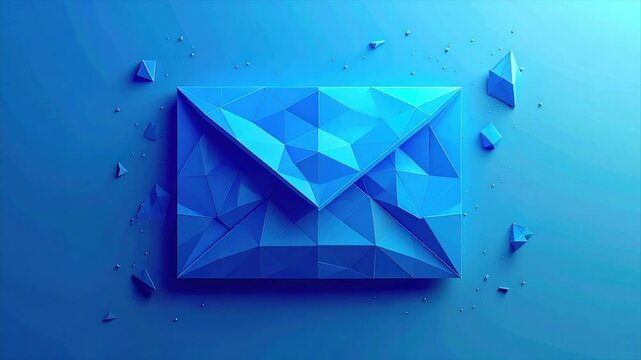 Geometric blue envelope with scattered shapes on a gradient blue background