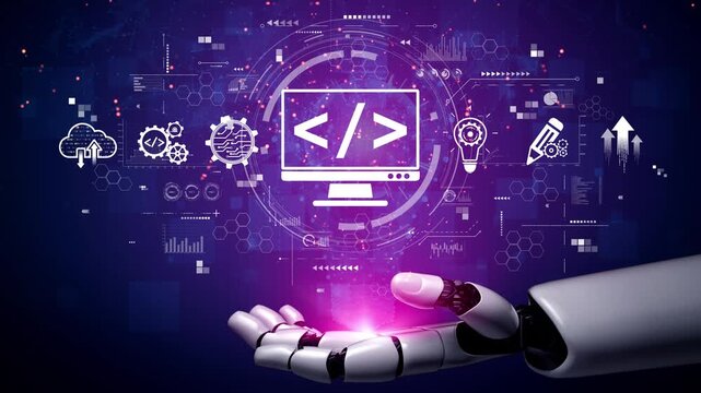 Modern web development concept featuring coding symbols, web development process, web development interface, and web development tools with futuristic design. Muxer