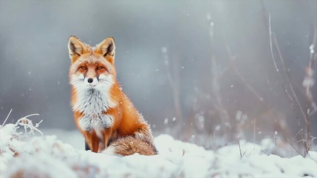 A vibrant fox sits in a snowy landscape, snowflakes falling, staring at the viewer