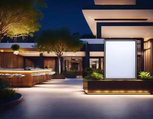 generic outdoor night shot of luxury resort or hotel like reception and fine dining restaurant with blank empty signboard mockup generative ai