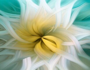 close up abstract petals in fluid motion blending soft yellow white and pale aqua