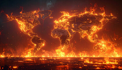 Map outline ablaze with bright orange flames and illuminated by countless city lights against a dark, smoky background