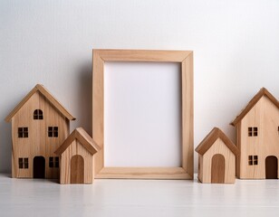 charming blank frame mockup with miniature wooden houses for real estate marketing or home decor design projects on a clean white background ready for your message