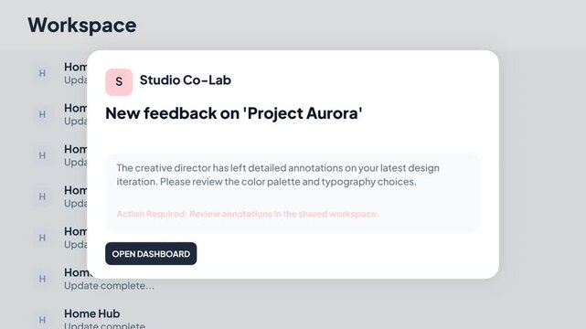 Seamlessly manage and address important design feedback received for creative projects, prompting immediate review of aesthetic choices within a collaborative digital workspace