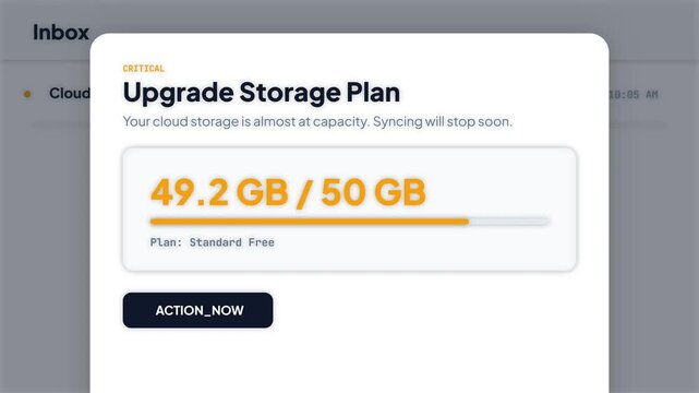 Crucial notification alerting users to a nearly full cloud storage plan, prompting an upgrade to prevent service interruptions and ensure continuous data synchronization
