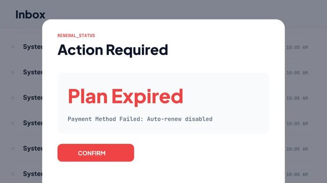 Subscription Plan Expired Warning Notification UI Animation with Red Action Button for Billing Management and Membership Renewal Apps