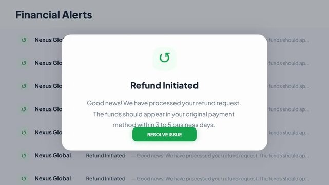 Global Refund Initiated Financial Alert Animation with Glassmorphism UI Design for Fintech and E-commerce Payment Tracking