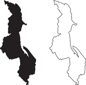 Malawi map silhouette and outline isolated on Transparent background.