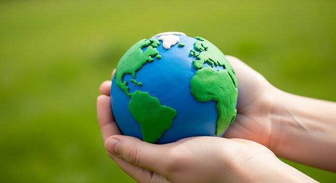Human Hands Holding a Small Green and Blue Earth Globe Made of Clay for Environmental Protection and Ecology earth globe green nature ecology