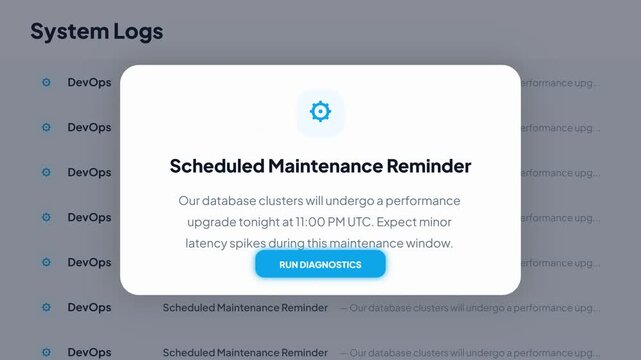 Scheduled Corporate Database Maintenance Notification UI, DevOps System Performance Upgrade Alert, Internal IT Operations Activity Log Video