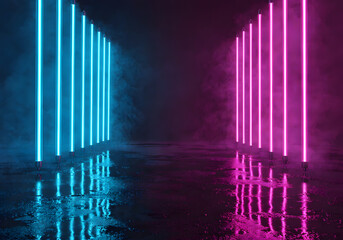 Obraz premium Futuristic neon corridor with glowing blue and pink vertical light tubes reflecting on wet floor Keywords: neon, lights