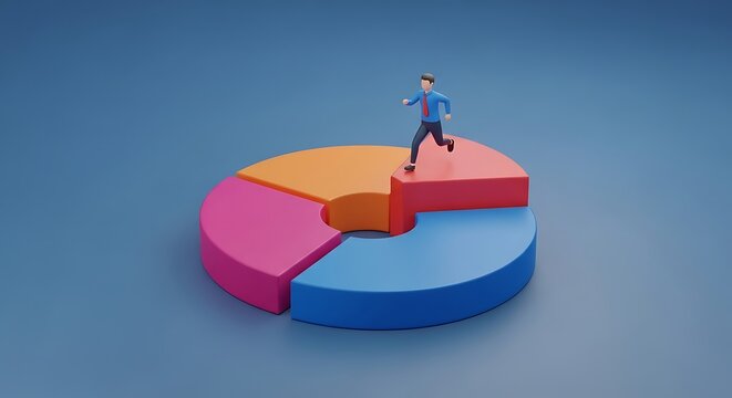Miniature Business Person Running on Top of a Colorful 3D Pie Chart for Financial Growth and Competition data chart business growth competition