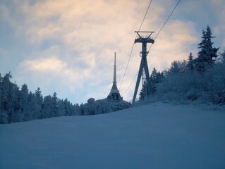 Dawn casts peaceful snowy scenes. Serene morning at mountain peak with untouched snow and tranquil air