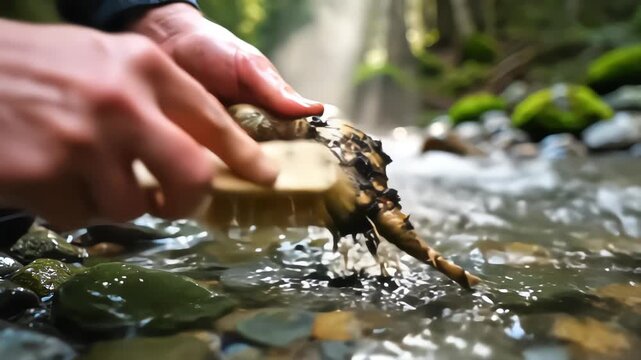 Close up hands washing fresh wasabi root in mountain stream with brush, backlit, nature detail