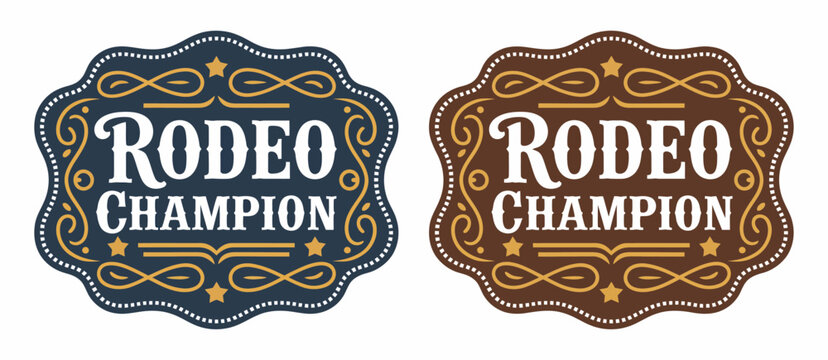 Rodeo Champion Cowboy Label and Belt Buckle with Bull Rider Medal Typographic Emblem Vintage Western Vector Design for Ranch Branding Apparel Graphic Illustration Retro Badge Signage.