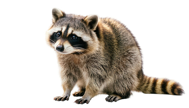 Adorable raccoon isolated PNG on transparent background, cute mammal with distinctive black mask and ringed tail for wildlife and animal themes
