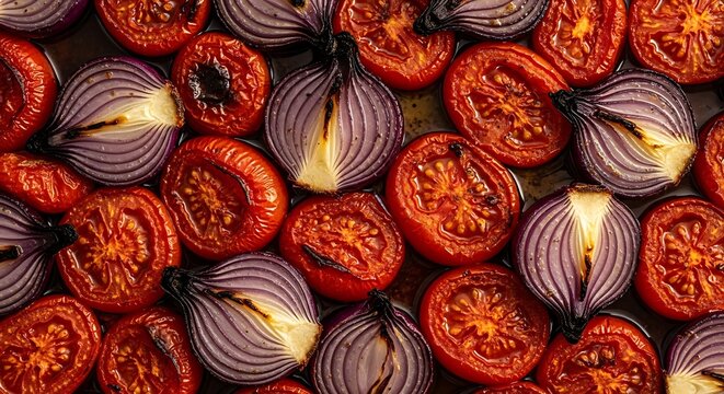 Pattern of Sliced Red Tomatoes and Purple Onions for Healthy Food Cooking and Vegetable Backgrounds tomato onion vegetable food healthy